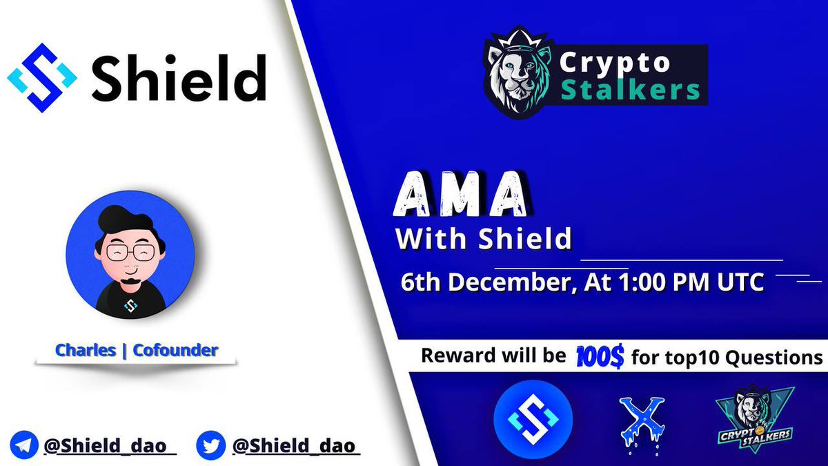 Crypto Stalkers (@stalkerscrypto) on Twitter photo 📢 We're thrilled to announce our next #AMA with <a href="/shield_dao/">Shield Official</a> on 6th dec at 1:00 PM UTC
💰 Reward Pool: 100$
📍 Venue: t.me/thecryptostalk…
〽️ Rules:
✅ Follow <a href="/StalkersCrypto/">Crypto Stalkers</a> & <a href="/shield_dao/">Shield Official</a>
✅ Like & Retweet
✅ Comment Questions & Tag 3 Friends with BEP20 address 📢 We're thrilled to announce our next #AMA with <a href="/shield_dao/">Shield Official</a> on 6th dec at 1:00 PM UTC
💰 Reward Pool: 100$
📍 Venue: t.me/thecryptostalk…
〽️ Rules:
✅ Follow <a href="/StalkersCrypto/">Crypto Stalkers</a> & <a href="/shield_dao/">Shield Official</a>
✅ Like & Retweet
✅ Comment Questions & Tag 3 Friends with BEP20 address