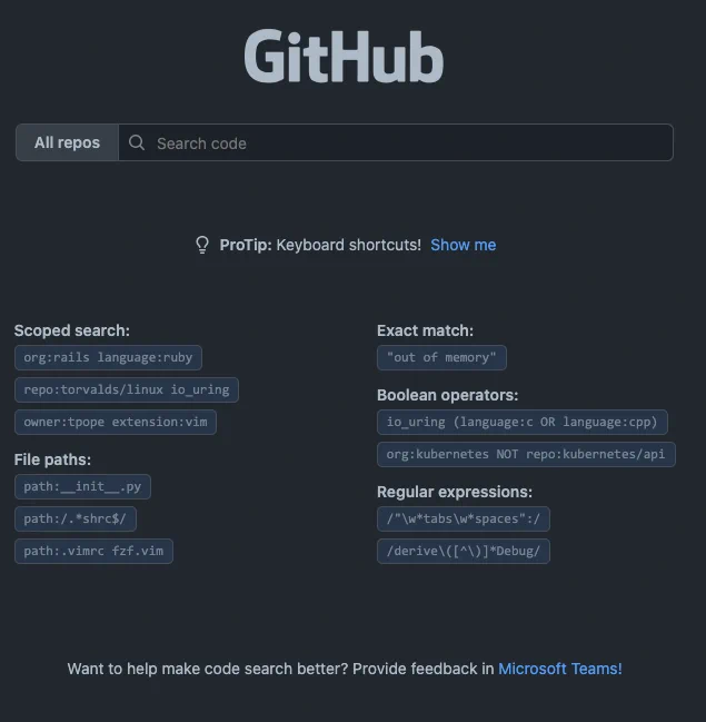 A screenshot of https://cs.github.com/.