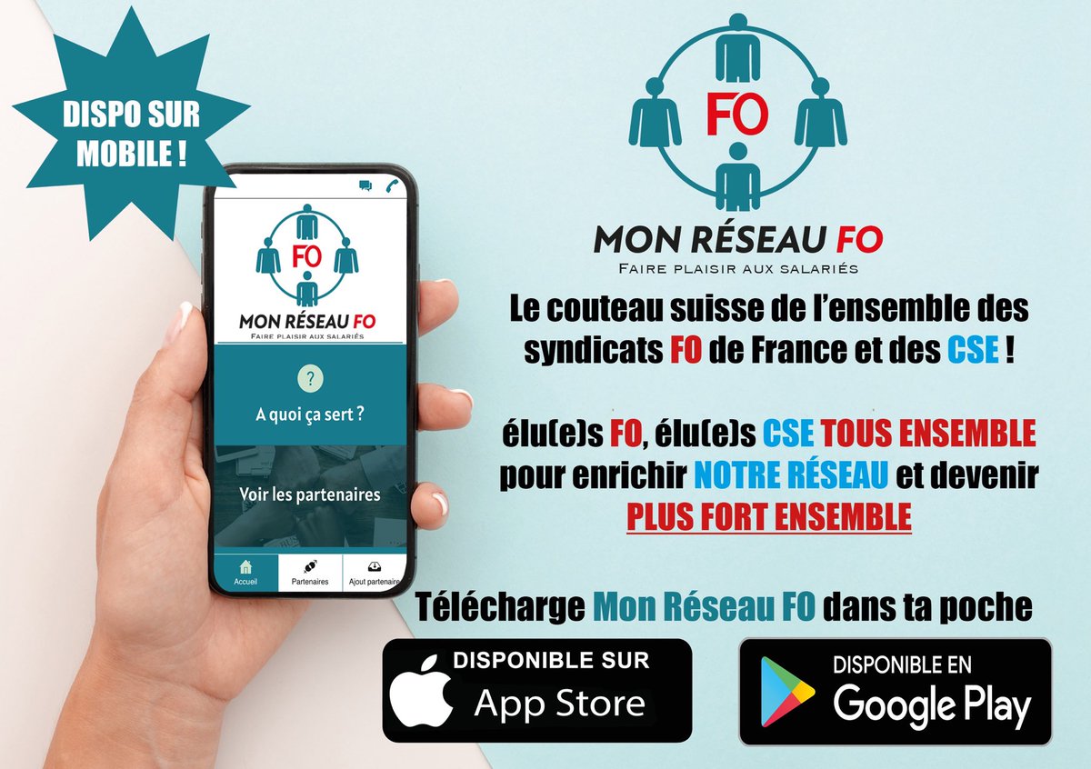 FOairbushelico's tweet photo. Élus FO pensez à télécharger votre réseau !
ENSEMBLE PLUS FORT 💪 https://t.co/5xlqXHa7rm