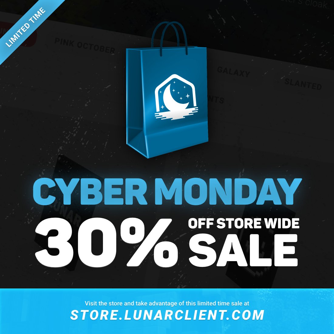 LunarClient's tweet photo. All Lunar stores are on sale for Cyber Monday! 🎉

Each purchase made on the Lunar Client store will come with a FREE "Skibidi" emote. 🎁

Enjoy savings of up to 30% off! 💰

https://t.co/vlWdQXREsj
https://t.co/agyriKWrLH
https://t.co/e4bGeQUbdB https://t.co/sZTOeHi1br