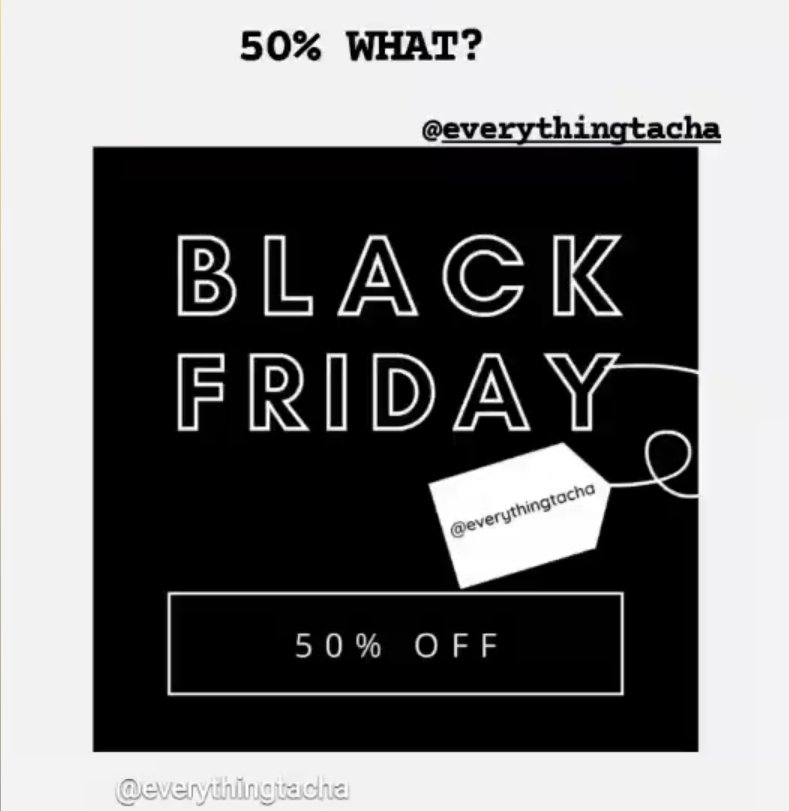 hellotacha's tweet photo. BLACK FRIDAY ON A MONDAY😍

LET'S GO SHOPPING🛒

IT'S ALL ABOUT @everythintacha and it mouth watering discounts.

50% OFF ALL PRODUCTS   
#EverythingTacha | #SymplyTacha 
                @Symply_Tacha https://t.co/6YD7KblG93