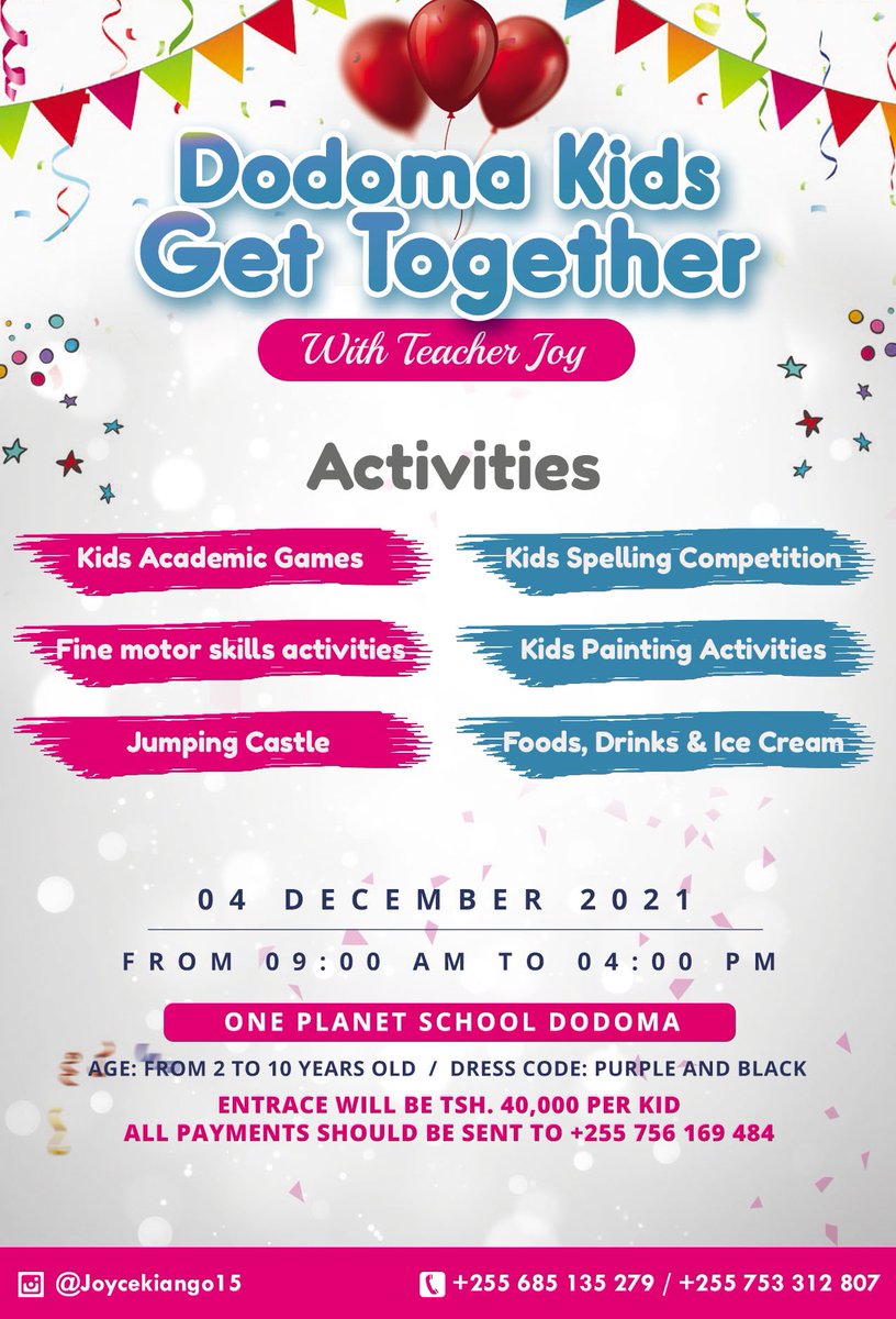 JoyceMwalimu's tweet photo. Dodoma Kids Get Together  

Sikukuu ya Watoto Woote wa Dodoma…itafanyika Jumamosi hii shuleni @OnePlanetInt   

Mzazi mnunulie mwanao ticket leo, ni kwa 40K    
 
📞 0756169484   

Kindly Rt wazazi na walezi wanaweza kuwa kwa TL yako https://t.co/KsfOcMk4Yx