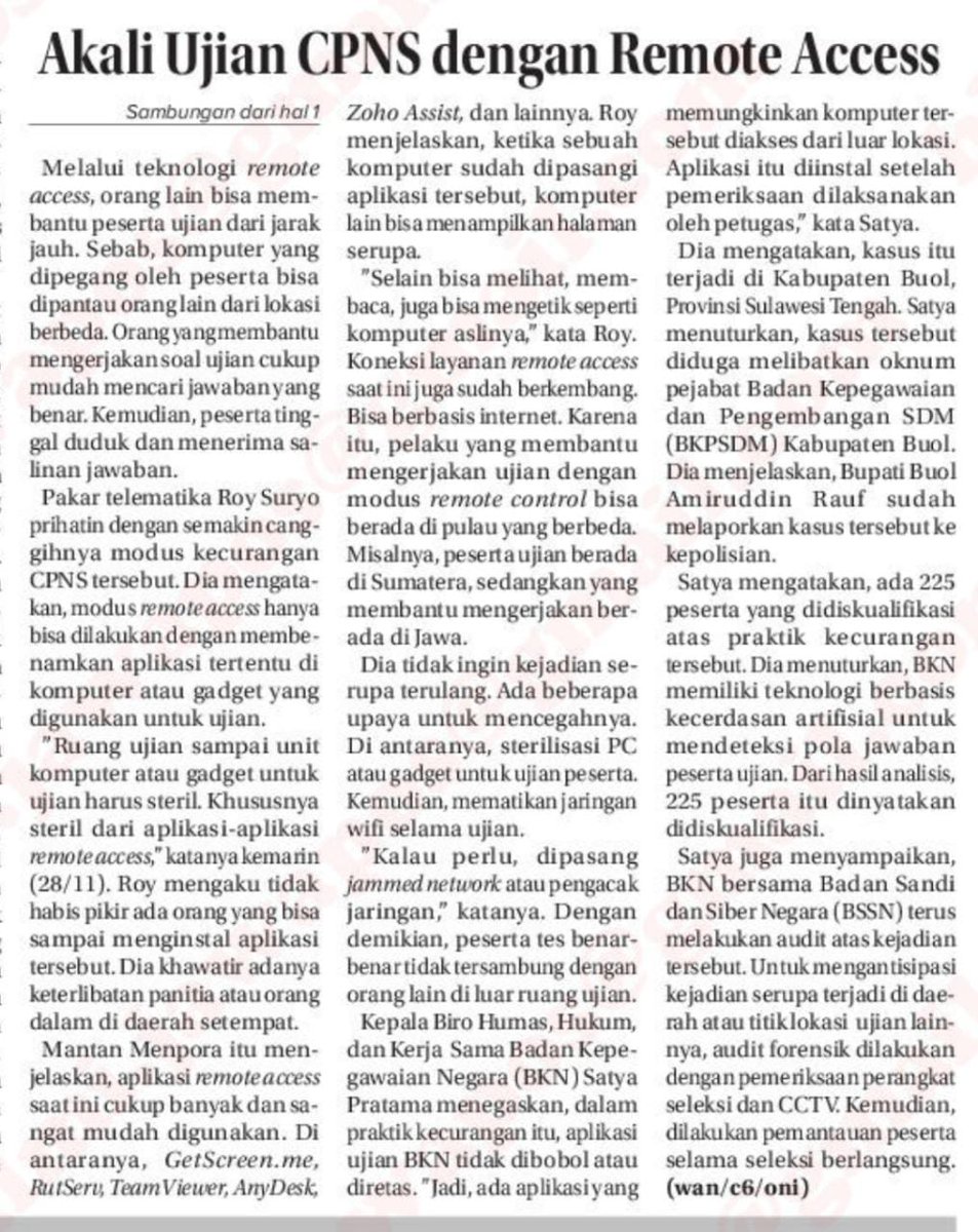 KRMTRoySuryo2's tweet photo. Ini komentar saya di Media Cetak soal terjadinya kecurangan Tes CPNS dgn menggunakan Remote Access, sehingga Peserta bisa "dibimbing" dari tempat lain.
Memang TIK sangat membantu bila dimanfaatkan, Namun tergantung "siapa" yg menggunakannya, bisa utk Positif maupun Negatif
AMBYAR https://t.co/i0CyVV8Tsa