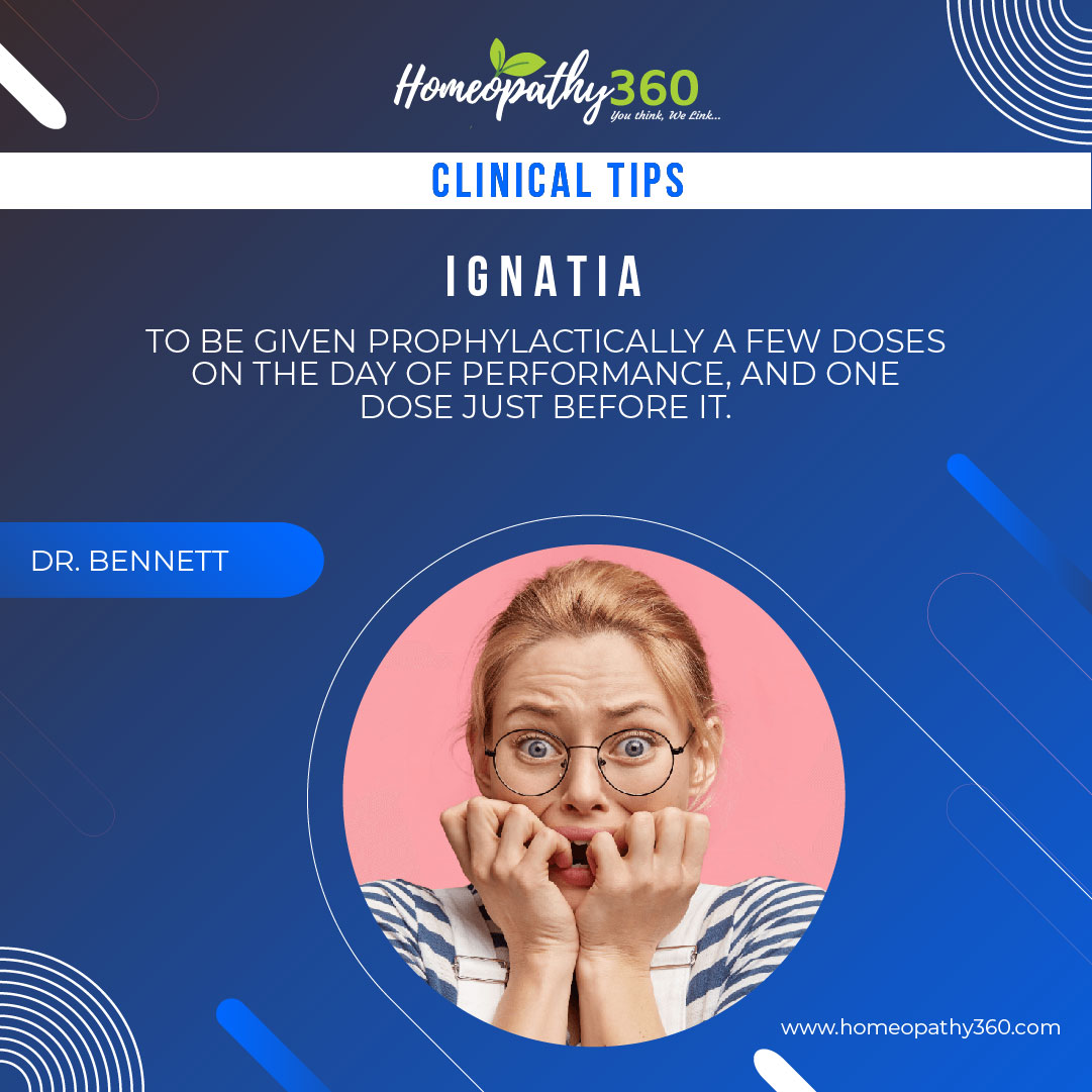 homeopathy360's tweet photo. Clinical Tips for Today: 
Ignatia: To be given prophylactically a few doses on the day of performance, and one dose just before it.
[Source:  - Dr. Bennett]
Read More Clinical Tips: 
https://t.co/WSZ0z7iafC

 #Ignatia, #DrBennett, #prophylactically, #homeopathy, #homeopathic, https://t.co/yaPnBRcCq7