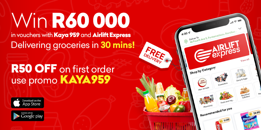 KayaON959's tweet photo. SPONSORED - WIN a share of R60 000 in vouchers with Kaya 959 and @airlift_sa, the new grocery delivery app that gives you free delivery in under 30 minutes. Find out how you can win at https://t.co/BndV8sEe6j. Promo code Kaya 959 gets you R50 off your purchase

Ts and Cs apply. https://t.co/qBopQumtG5