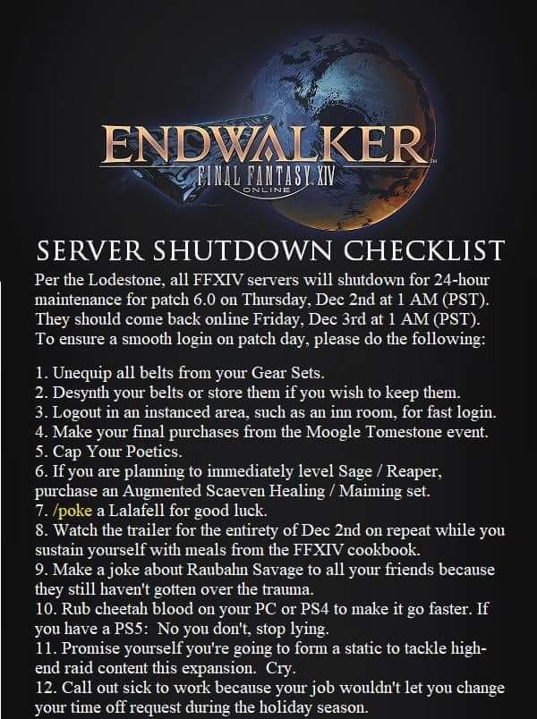 redditFFXIV's tweet photo. "Endwalker Prep list lol" by BitAccomplished3612
https://t.co/DVcjsOHYyW https://t.co/UZHcmsyh6O
