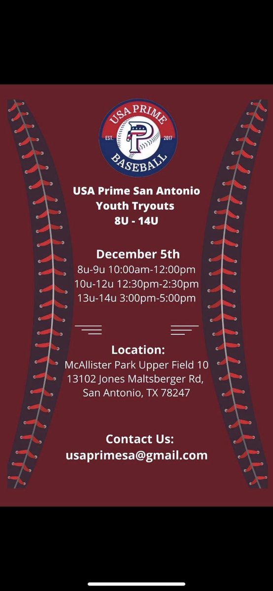 One week away from Tryouts make sure you sign up. Come be apart of one of the fastest growing National Organization in the USA. 
For any additional information please call Jermey Tyson (210) 849-6871 or use emails on flyers. usaprimebaseball.com docs.google.com/forms/d/1I8N8g…