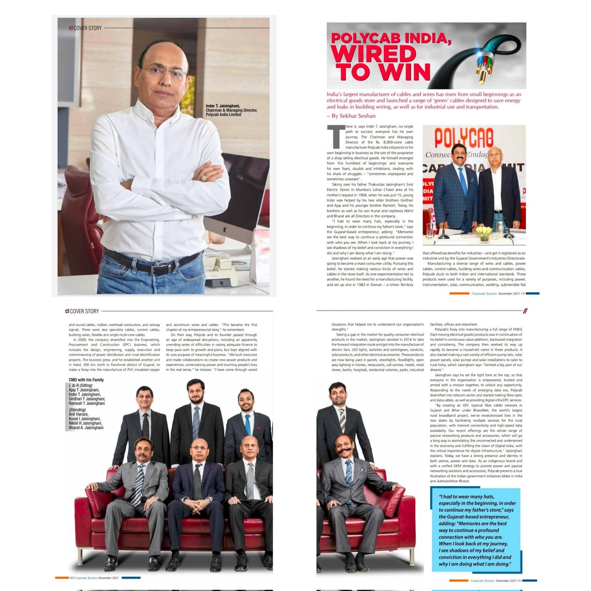 magcorptycoons's tweet photo. POLYCAB INDIA - WIRED TO WIN 
The most important things in life are the connections that you make. This is something Inder T. Jaisinghani, Chairman &amp; MD of #Polycab, does with aplomb. Our Consulting Editor Sekhar Seshan meets Jaisinghani to find out more.

#CoverStory #Nov2021 https://t.co/kvmfGF86NV