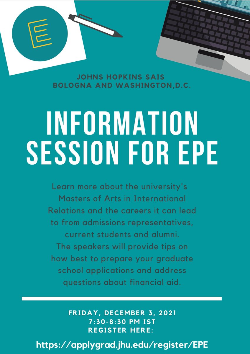equityinpolicy's tweet photo. 📢 EPE Info session alert 📢
Admissions staff from the School of Advanced International Studies (SAIS) at Johns Hopkins University will be conducting an interactive session this Friday!
Register now: https://t.co/R9qn4q14P6
#EquityInPolicyEd
#EquityAtSAIS https://t.co/tvuFKteSS8