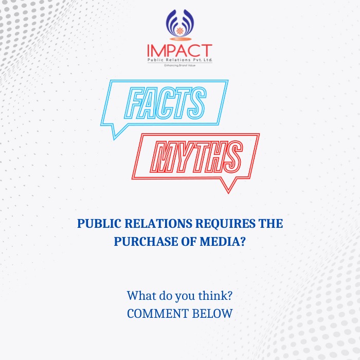 ImpactPR's tweet photo. Public relations requires the purchase of media ? What do you think it's a fact or myth comment below !
.
.
#Fact #Myth #impactpr #pragency #publicrelations #media #prmedia #FactsMatter #prcompany #comment #twitter https://t.co/ZP8XpIK3VR