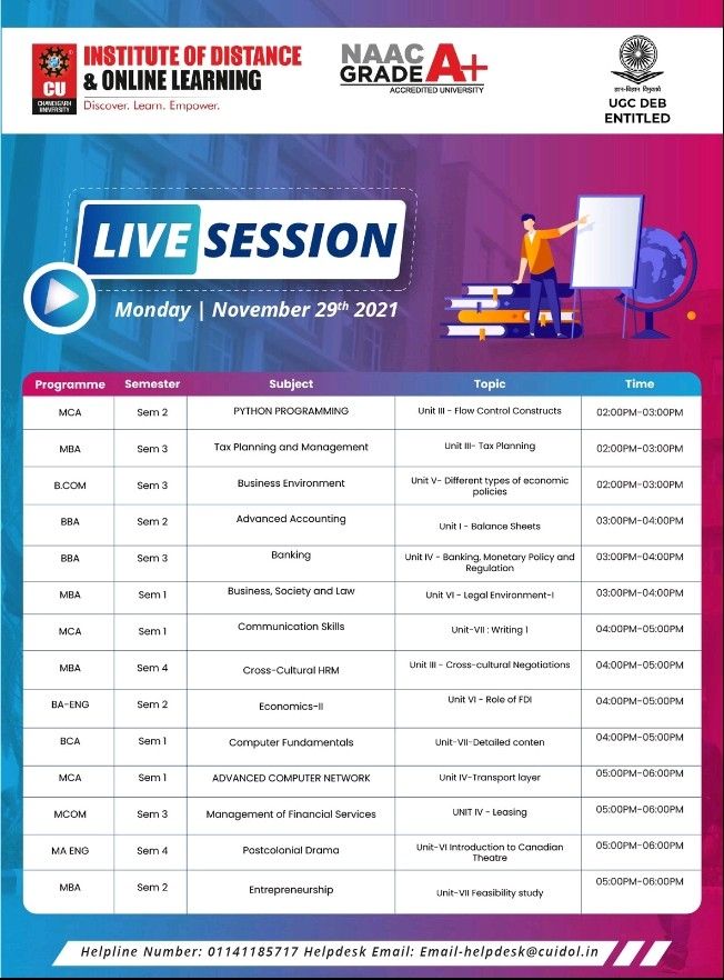 cu_distance's tweet photo. Academic Interactive Live Sessions as on 29th Nov -2021.
@Alumni_CUAA
#chandigarhuniversity #distancelearning2021 #distanceeducation #distancelearning #onlineeducation #nep2020 #students https://t.co/AVCrzV8RrE