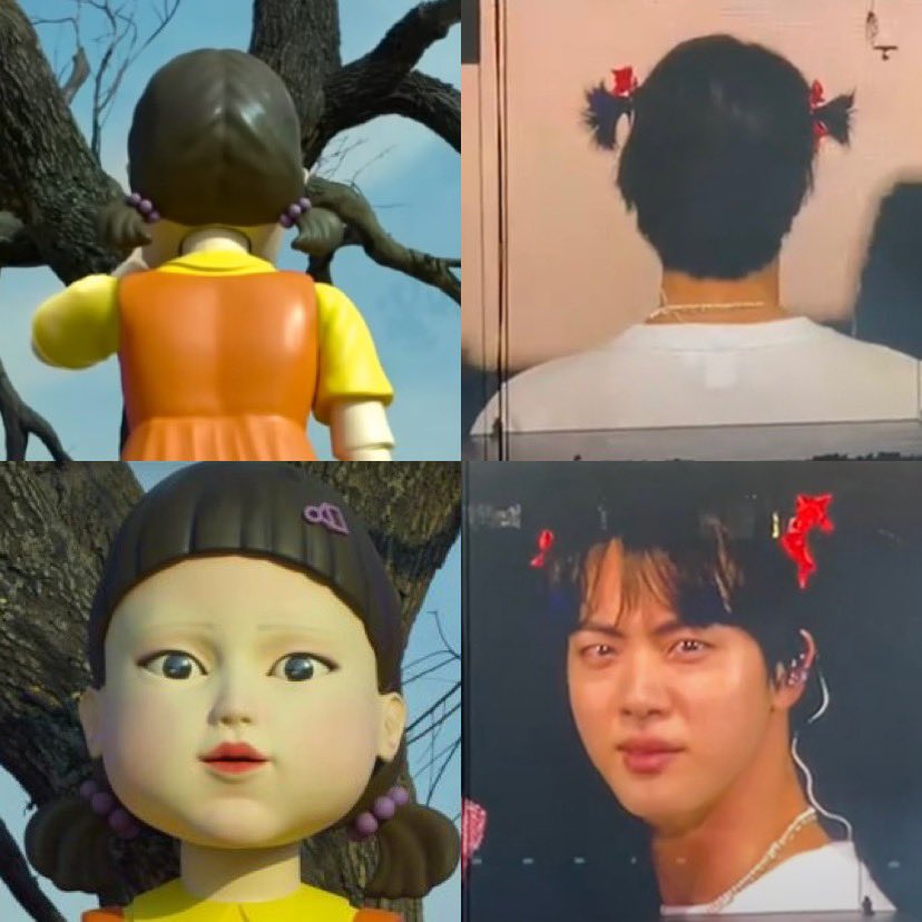 mollajoon's tweet photo. they said “red light, green light” and seokjin was the doll 😭😭😭 https://t.co/1N9I6OpM71