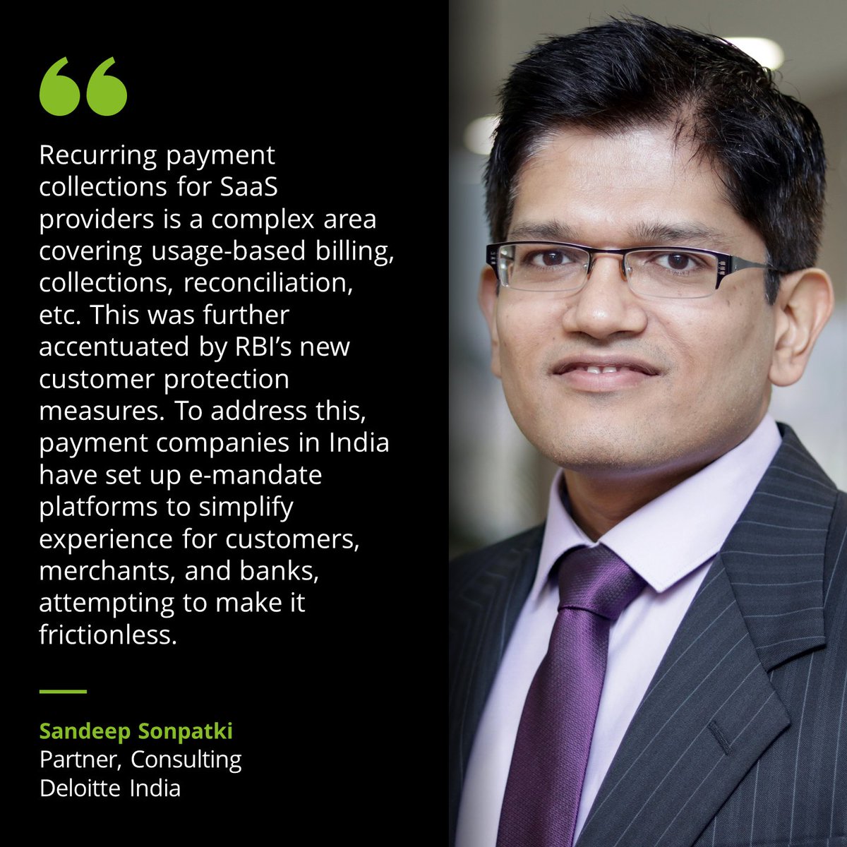Deloitte India (@deloitteindia) on Twitter photo Moderating a panel at <a href="/India_Fintech/">India FinTech Forum</a>’s IFTA 2021, Sandeep Sonpatki, Partner, Consulting, Deloitte India, enunciated the key challenges faced by #SaaS companies during recurring payments and discussed key solutions to make the process smooth and easy.
#Fintech #FinancialServices Moderating a panel at <a href="/India_Fintech/">India FinTech Forum</a>’s IFTA 2021, Sandeep Sonpatki, Partner, Consulting, Deloitte India, enunciated the key challenges faced by #SaaS companies during recurring payments and discussed key solutions to make the process smooth and easy.
#Fintech #FinancialServices