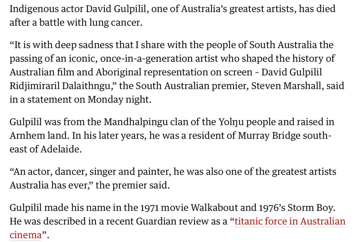closethegapOZ's tweet photo. It is we great sadness that we advises D Gulpilil, a titanic force in Australian cinema, dies after battle with lung cancer

The Indigenous actor, who was in his late 60s when he died, helped shape the history of Australian film RIP #Gulpil  @IndigenousX https://t.co/i1RWGToRXA