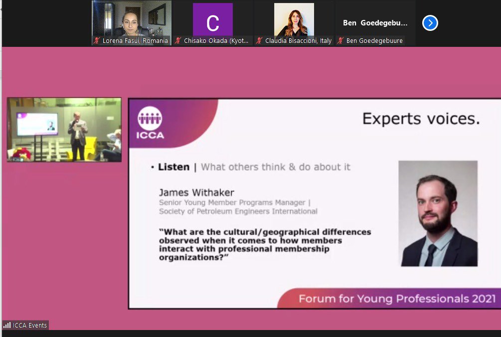 LorenaFasui's tweet photo. Amazing talk by James Whitaker from @SPEtweets about cultural and geographical differences in associations at the ICCA Forum for Young Professionals @Shocklogic @ICCAWorld 

#ICCAWorld #hybridevents #eventprofs https://t.co/gYuPKwaHi5
