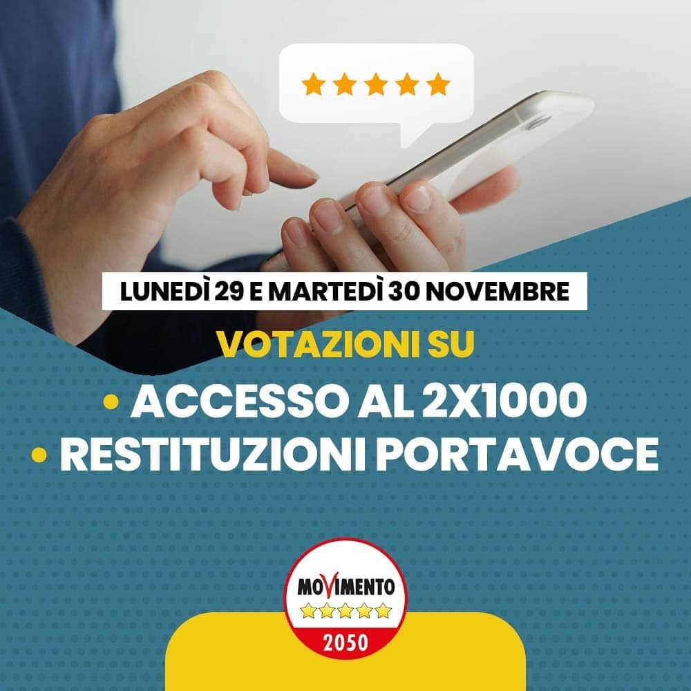 Oggi è convocata l’assemblea degli iscritti dalle ore 12 fino alle ore 12 di domani, 30 novembre 2021, per:
1) Destinazione delle restituzioni dei portavoce nazionali.
2) Approvazione della proposta di accesso al 2×1000 e al finanziamento privato in regime fiscale agevolato.