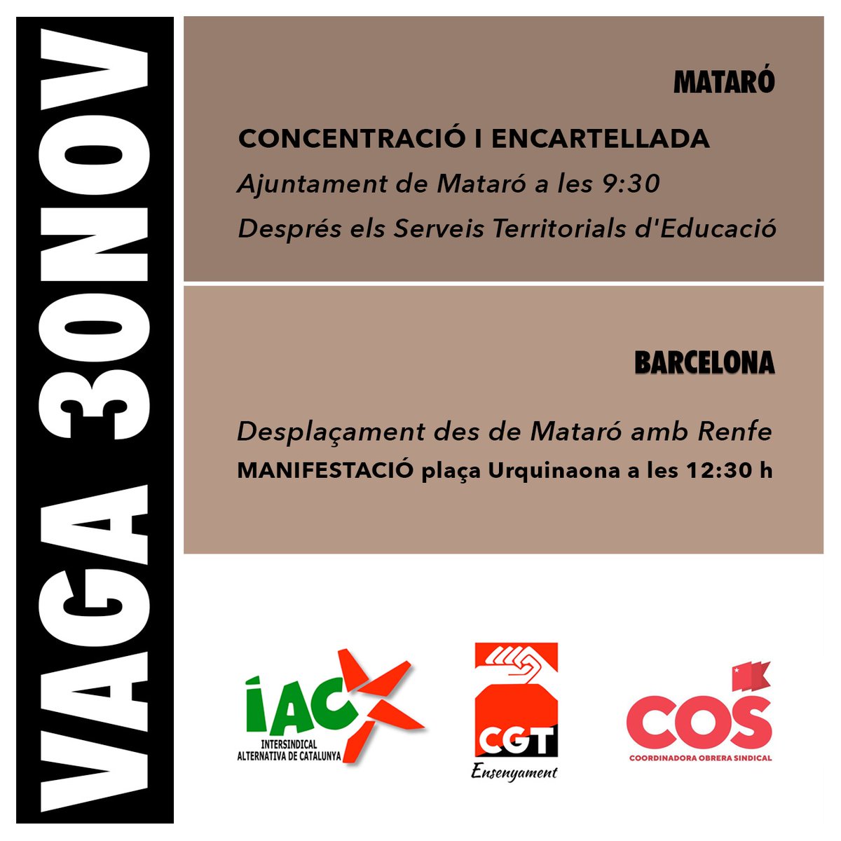 cosMaresme's tweet photo. 📢 Demà nova jornada de vaga a la Funció Pública!

✊✊🏼✊🏿 Les treballadores del sector públic anem a la vaga pels nostres drets laborals, com a interines, substitutes o funcionàries! 

📌 Ajuntament #Mataró, 9.30h

#VagaSectorPublic30Nov 
@COSEducacio https://t.co/sA714ckXl7