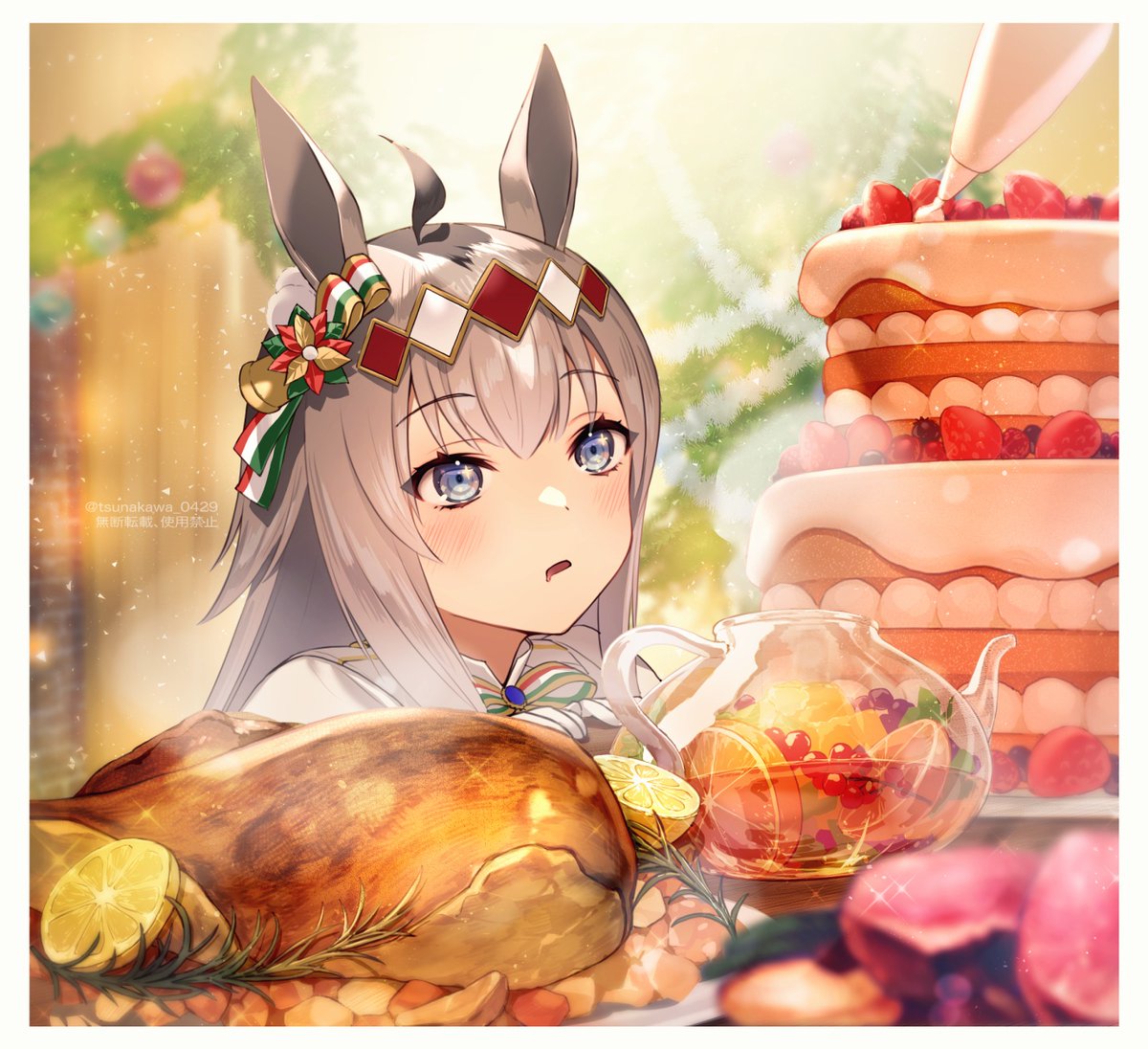 oguri cap (umamusume) 1girl animal ears food horse ears solo grey hair christmas tree  illustration images