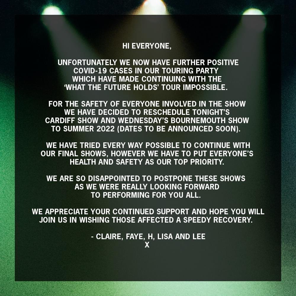 An update on the final two shows of the tour. #WTFHTour

- Claire, Faye, H, Lisa &amp; Lee
