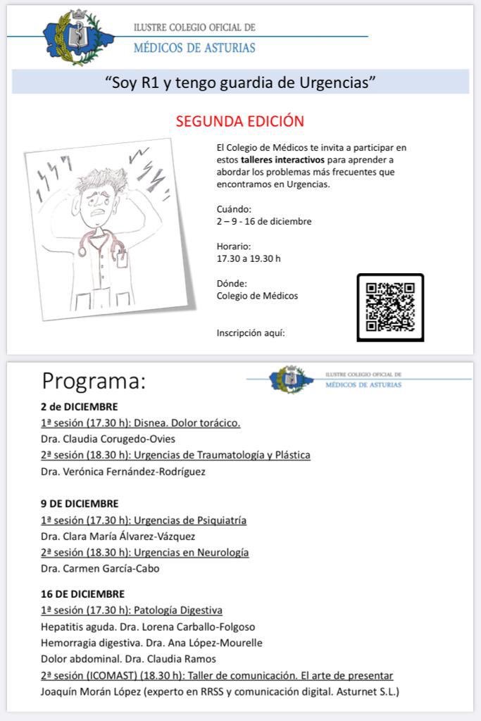ElisaSeijo's tweet photo. Segunda edición del curso “Soy R1 y tengo guardia de Urgencias” organizado por el @icomasturias @Maria_Var_Cal 
Para apuntarse sólo es necesario usar el código QR.
Animaos y difundid! ☺️ https://t.co/g5r3TmKA7n