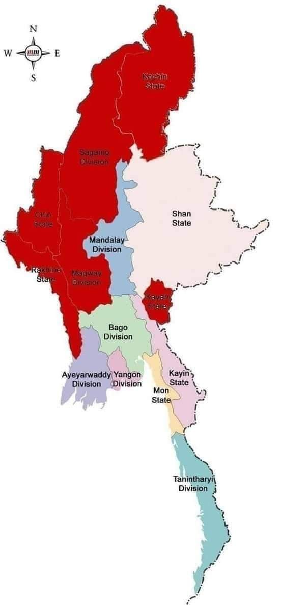 mahmal2021's tweet photo. လွတ်မြောက်နယ်မြေ အရင်ဦးဆုံးဖြစ်လာနိုင်သည့် ဒေသများကို အနီရောင်ခြယ်ပြထားသည့် မြန်မာပြည်မြေပုံ
Crd ;
#POSCO_StopSponsoringSAC 
#Nov29Coup   
#WhatsHappeningInMyanmar
@KentGooner77 @KenRoth @antonioguterres @clarissaward @siwonchoi @BTS_twt @bts_bighit  
@moonriver365 @POTUS https://t.co/5kzgyCLTCN