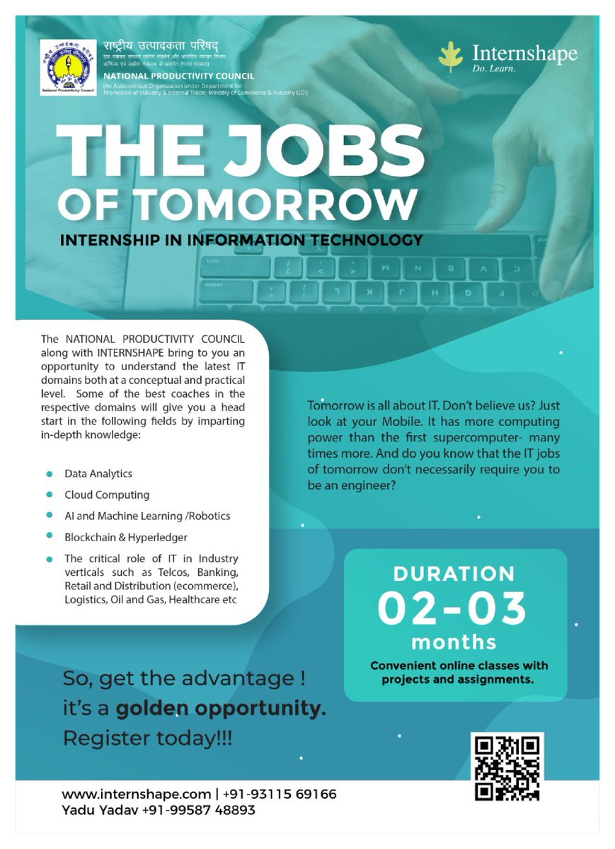 Training Program on"INTERNSHIP IN INFORMATION TECHNOLOGY"
Register Now:-npcindia.gov.in/NPC/User/webin…
Contact:-9311569166 / 9958748893
Date:-17/12/2021-30/03/2022
Fee:-Rs.4720/-