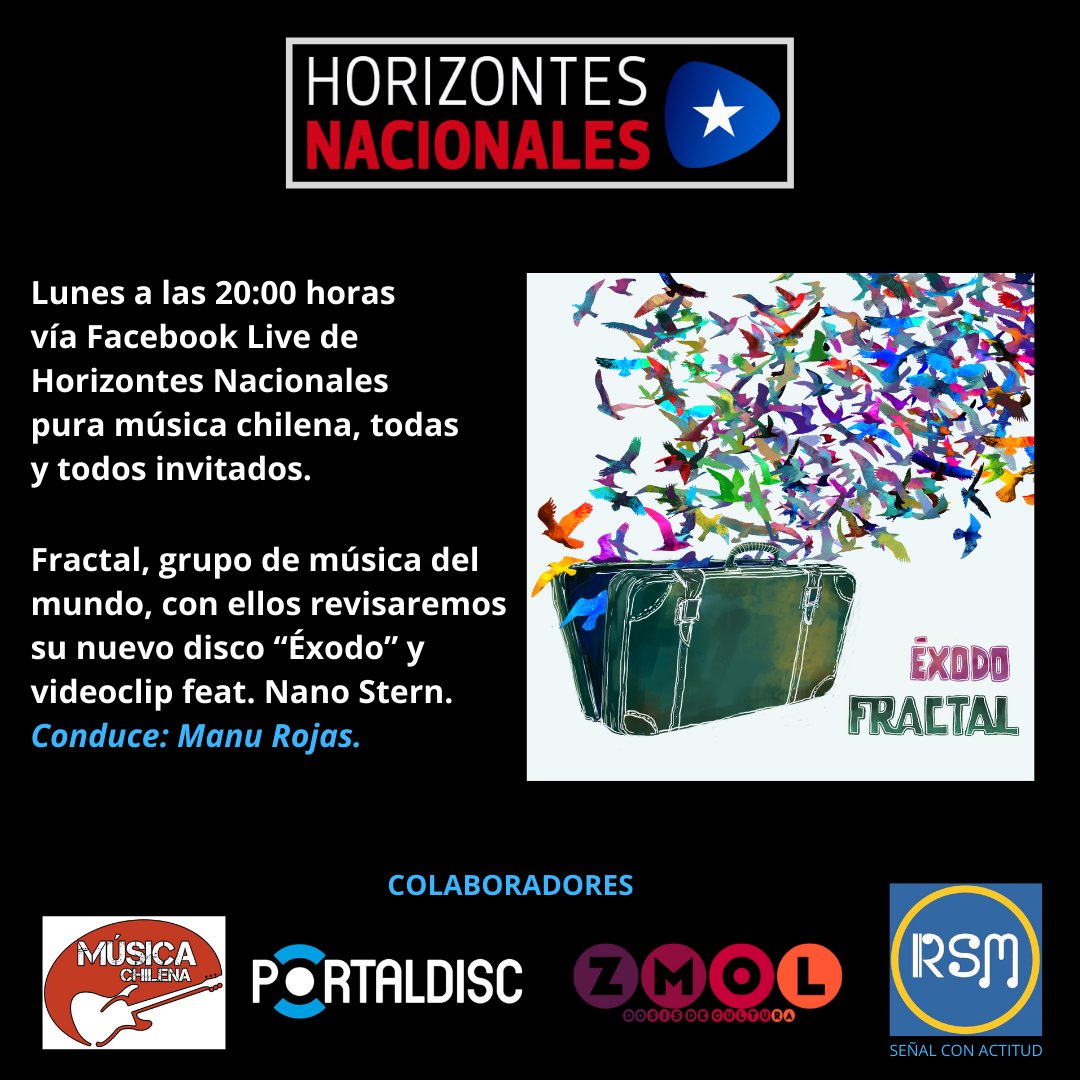 RadioSanMiguel5's tweet photo. Hoy lunes junto Fractal, conoceremos su nuevo disco y video recién estrenado junto a Nano Stern, a las 20:00 horas vía Facebook Live de Horizontes Nacionales y Radio San Miguel Online..¡¡
@manurojasfotos
#Fractal
#zmol
#portaldisc
#musicachilena🇨🇱
#horizontesnacionales🇨🇱 https://t.co/uuoccM9EFp