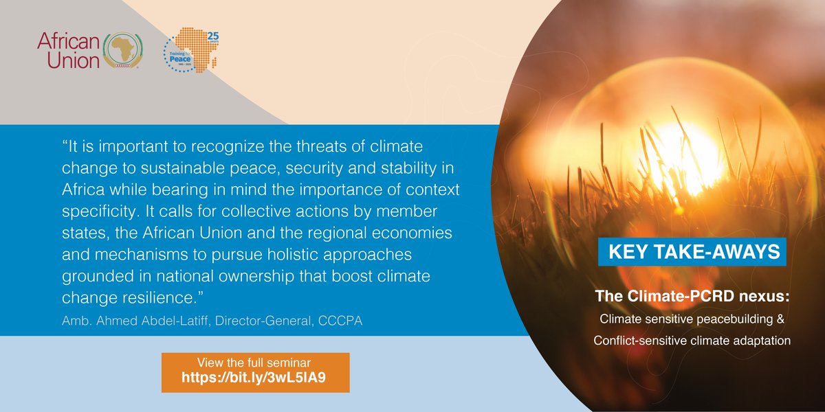 T4PAfrica's tweet photo. The Climate-PCRD nexus discussion brought forth essential take-aways from the panellists. You can view the entire seminar again here: https://t.co/8wrNxa8jwe
@_AfricanUnion @nupinytt @issafrica @ACCORD_online
#Trainingforpeace #PCRD #Climate #Peace https://t.co/GTVxLlxvNA