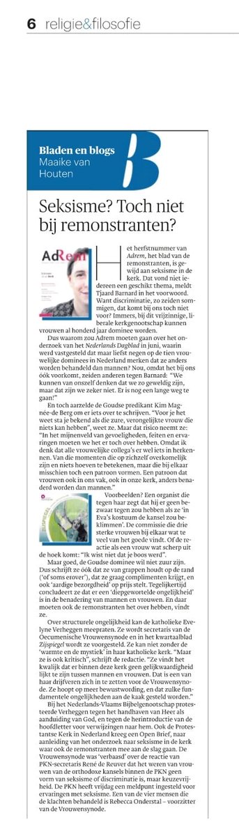 Trouw besteedt vandaag in de bladenrubriek aandacht aan het herfstnummer van AdRem over 'Seksisme in de kerk'. Alles lezen? Bestel nu een proefnummer: remonstranten.nl/product/adrem-…