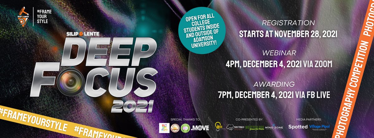 siliplente_adu's tweet photo. DEEP FOCUS 2021: #FRAMEYOURSTYLE.
Let the photographer in you SHINE this DECEMBER 4, 2021! 📸
Register through this link: https://t.co/4sbfrQp784
For more information about the competition:
https://t.co/OxxEBLpDtR https://t.co/1hdsNvNIUi