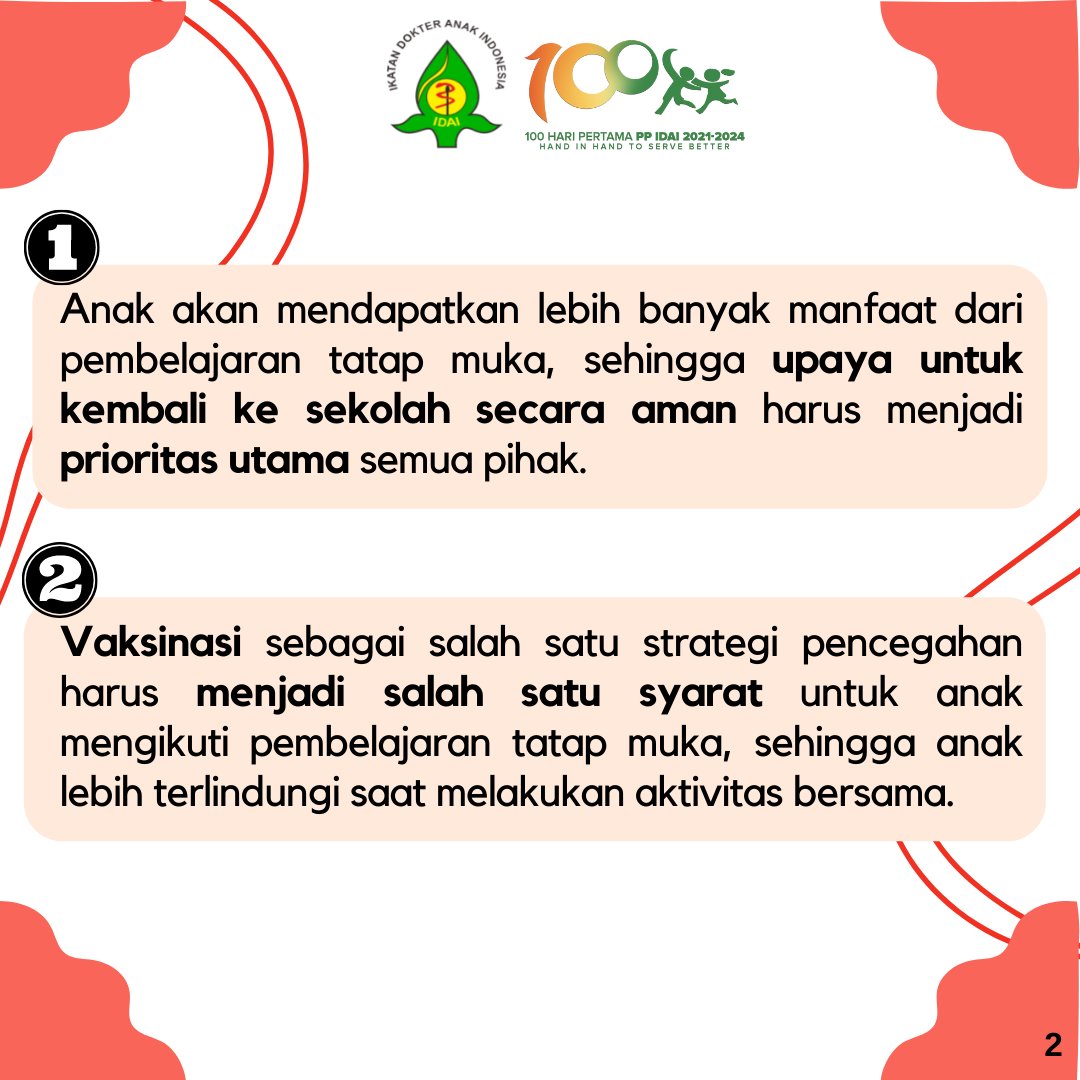 idai_tweets's tweet photo. Berikut rekomendasi dari Ikatan Dokter Anak Indonesia terkait pembelajaran tatap muka (pemutakhiran 28 November 2021). Baca naskah lengkap melalui tautan berikut: https://t.co/fnDU9v4uEa
#COVID19
#RekomendasiIDAI
#IDAIStatement
#PTM
#PembelajaranTatapMuka https://t.co/oXwVhxMWvU