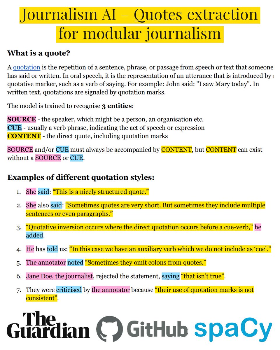 Journalism AI – Quotes extraction for modular journalism - An NLP pipline to extract quotes from news articles using NER, add coreferencing information and format the results for an exploratory search tool!

GitHub github.com/JournalismAI-2…
Blog theguardian.com/info/2021/nov/…