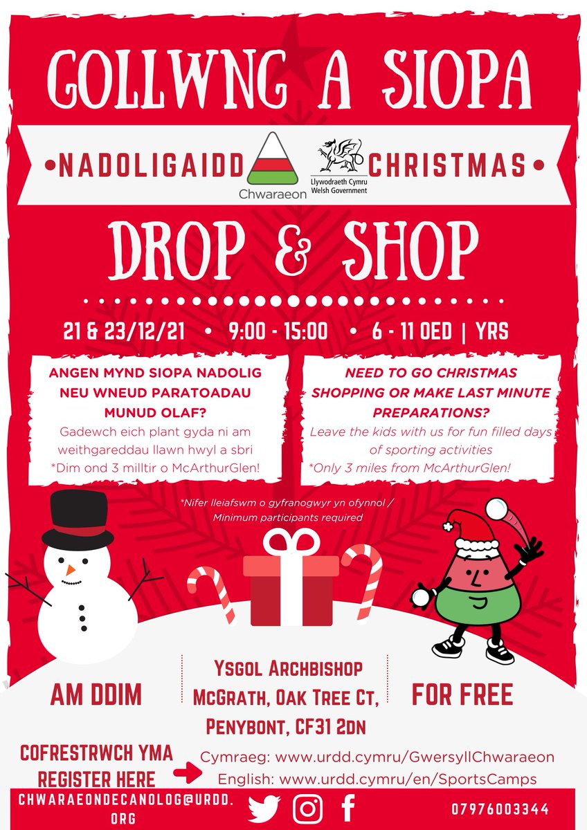 Still need to do some last-minute Christmas shopping? Why not join us in o Drop and Shop Camp. Leave the children with us for a day of fun through sport! Register here: urdd.cymru/en/event/gollw…… #GaeafLlawnLles