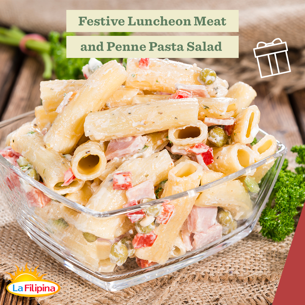 LaFilipinaPH's tweet photo. Surprise your family with a La Filipina twist on your Christmas pasta salad with our tasty Luncheon Meat and al dente Penne! 

With just 5 ingredients using your pantry staples, you can create a delicious and memorable dish that you and your loved ones can enjoy together. https://t.co/GFuGxjJQzd