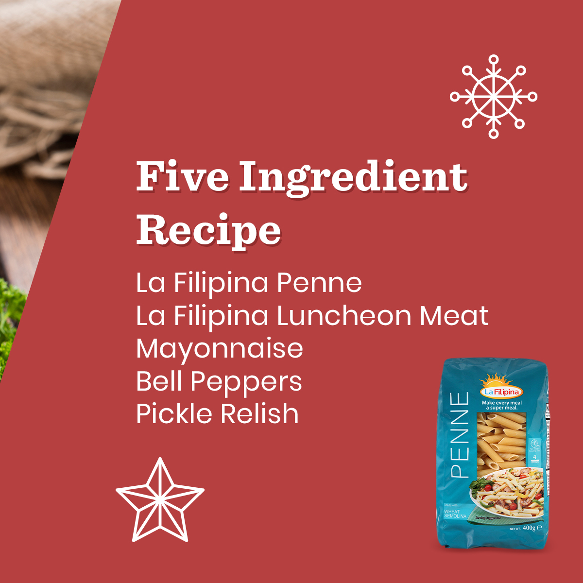 LaFilipinaPH's tweet photo. Surprise your family with a La Filipina twist on your Christmas pasta salad with our tasty Luncheon Meat and al dente Penne! 

With just 5 ingredients using your pantry staples, you can create a delicious and memorable dish that you and your loved ones can enjoy together. https://t.co/GFuGxjJQzd