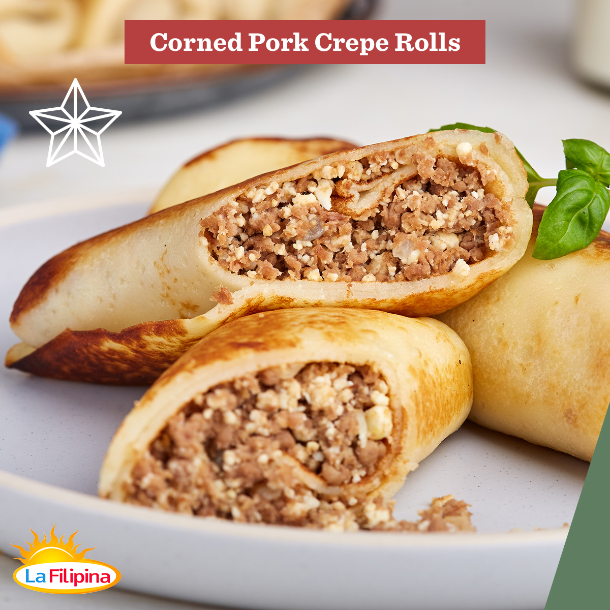 LaFilipinaPH's tweet photo. Soft and fluffy crepes, filled with a cheesy and garlicky La Filipina Luncheon Meat stuffing. Make our #LaFilipinaSnackHacks part of your Noche Buena menu this Christmas! 

Send us a message or comment on this post to learn more about this yummy recipe. 

#cornedpork https://t.co/u2gCjBdgsF