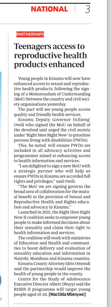 NAYAKenya's tweet photo. Kisumu County Government recently signed an MoU with @RHRNKenya to enhance access to reproductive health information and services for young people in the county.

This is a great steps towards achieving #SRH4ALL!!

 #RHRN2KE via @StandardKenya https://t.co/tFwgpDW4xf