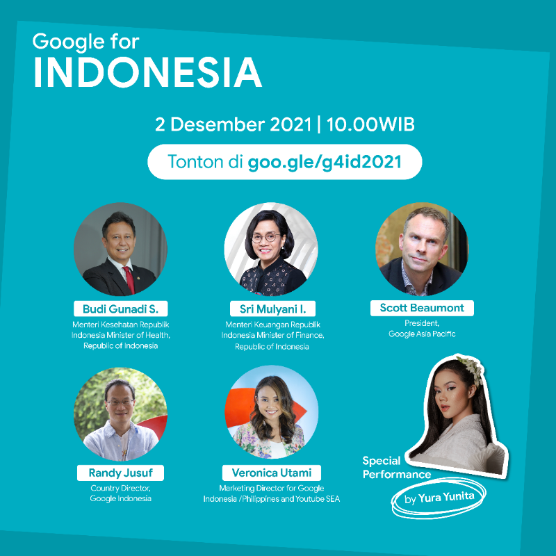 googleindonesia's tweet photo. Bersama Ibu Sri Mulyani, Bapak Budi Sadikin, dan Google akan berbicara tentang kemajuan teknologi di bidang edukasi, bisnis, hingga keseharian kita!🤩🎉 Ada penampilan spesial dari Yura Yunita juga loh! Yuk nonton acara Google for Indonesia, 2 Desember 2021, 10:00 WIB! #g4id2021