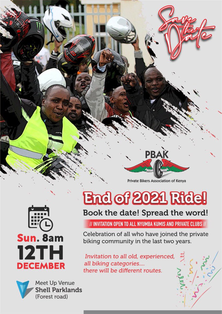 Huu Mwaka Tunafunga na Style because we will have an End of 2021 Ride🔥

Big Cc, Small Cc, Chinese,Japan,European all are invited 
This one will be one for the books🔥
Save the date🏍