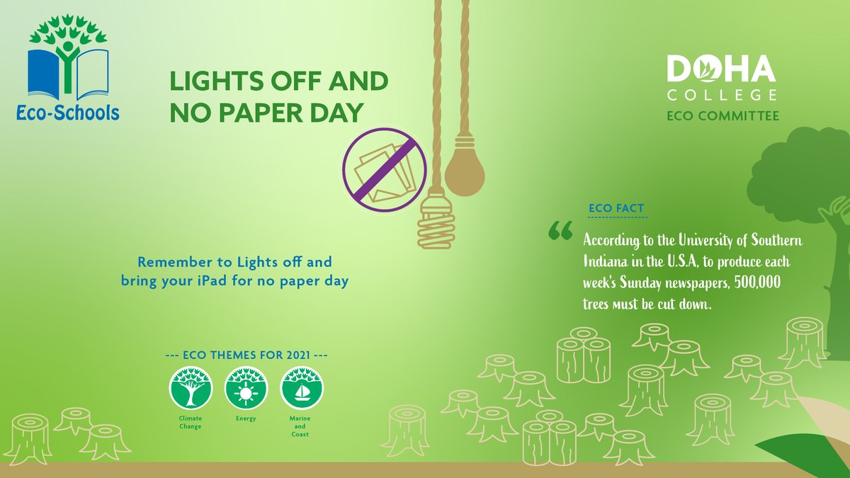 DohaCollege's tweet photo. Sustainability focus - Lights off and no paper day

Our students and staff will reduce the use of paper in lessons and switch off lights during break times and if possible during lessons as well by taking their learning outdoors.

@DCEcoSchool @EcoSchools  

#sustainabilityweek https://t.co/B07eH8BJrI