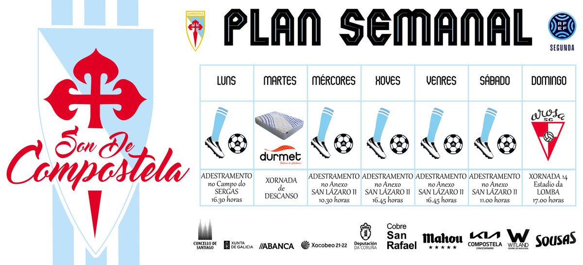 SD_Compostela's tweet photo. 📋 𝐏𝐋𝐀𝐍 𝐒𝐄𝐌𝐀𝐍𝐀𝐋

👉 Os nosos regresan esta tarde ao traballo cunha sesión en céspede artificial!!! Mañá, descanso con #Durmet, previo ás catro sesións preparatorias do derbi ante o @AROSASCOFICIAL!!!

#ArosaCompos #SonDeCompostela https://t.co/dd31EyNT5y