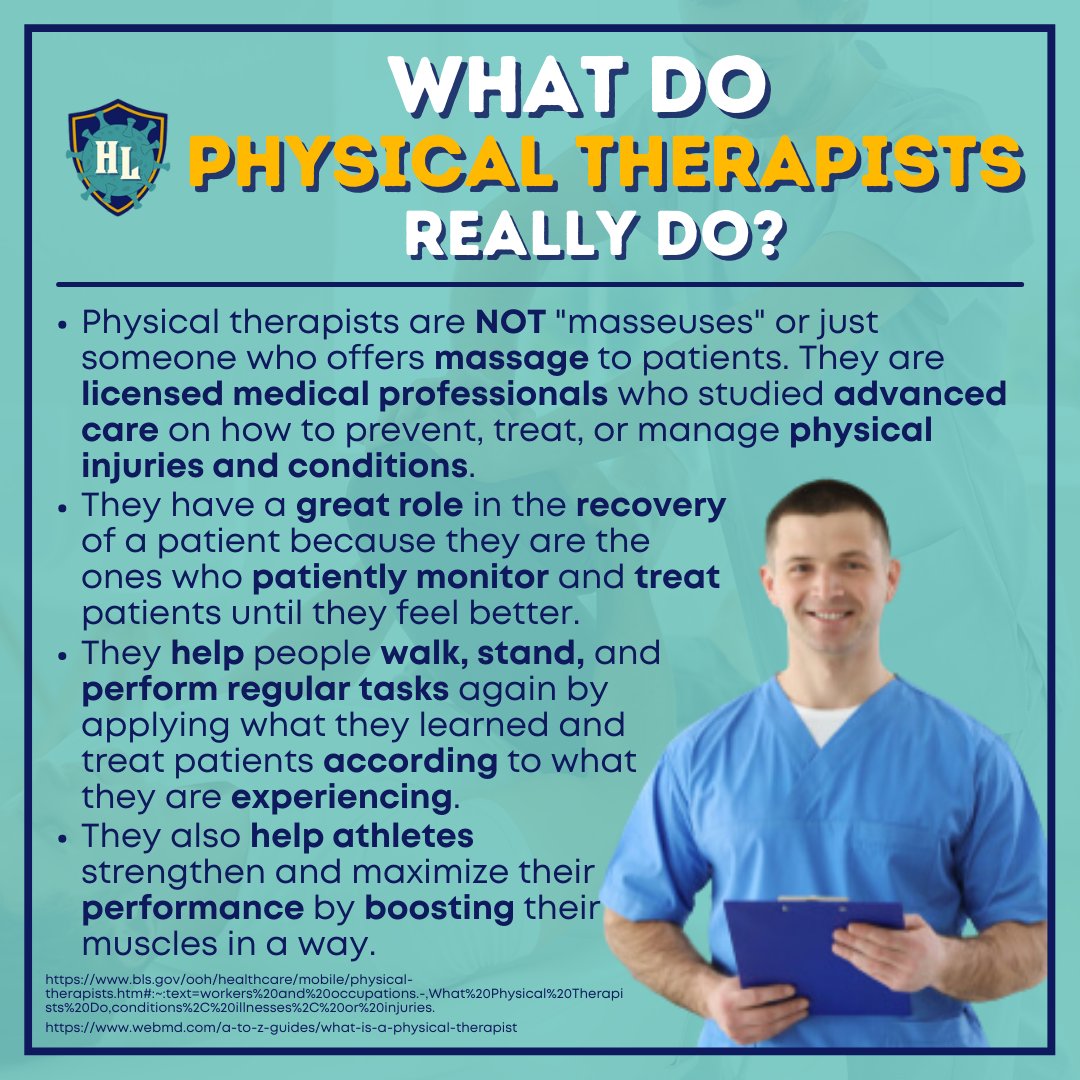 _HEALTHLEAGUE's tweet photo. Let us know more about the Hearts of Healthcare and Heroes in the Medical field, Physical Therapists. Let us all treat them with respect, in every way that we can!

#HEALTHLEAGUE #HEALTHLEAGUEKNOWS
#COVID19 #pandemic #healthworkers https://t.co/h5TEiNDUBR