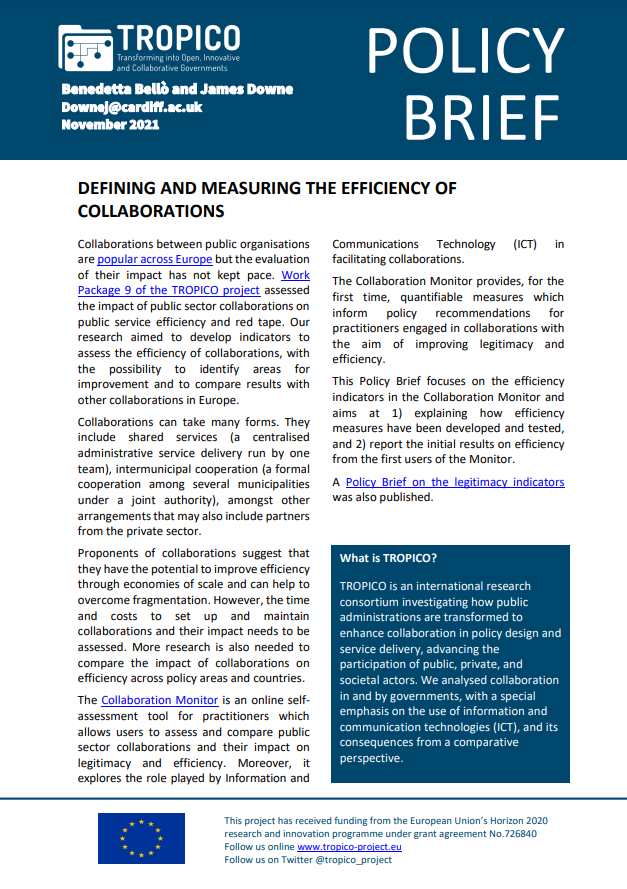 Assessing #efficiency of public sector collaborations can be challenging - that is why TROPICO has launched a #CollaborationMonitor (CM).

Our new policy brief explains the efficiency measures and initial results of the tool:
➡️bit.ly/3ljwTYZ

CM: bit.ly/32AZ0w9
