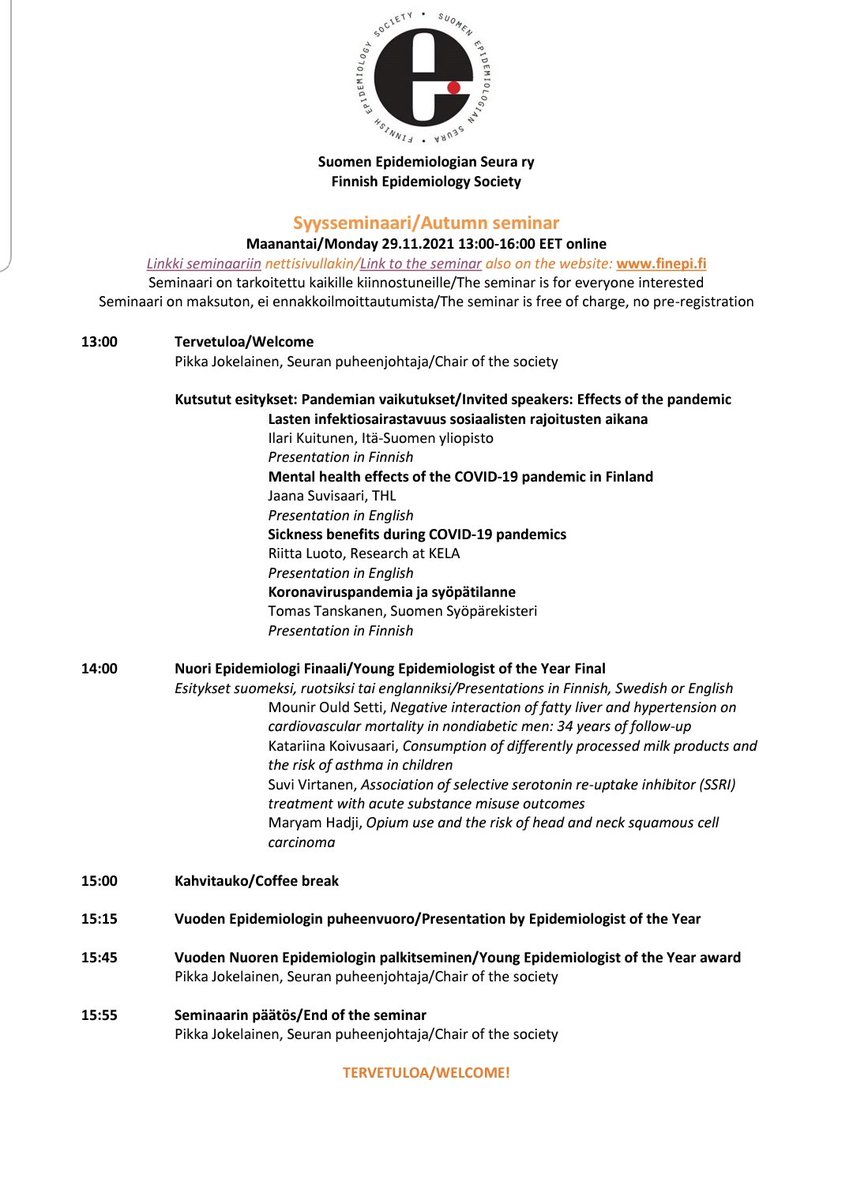 PikkaJokelainen's tweet photo. Syysseminaari tänään, Autumn seminar today:
Highlights 3/3: Vuoden Epidemiologi, Epidemiologist of the year! 
Julkistus ja palkitun esitys
Announcement and presentation "Sherlock Holmes, Sir Austin Bradford Hill and Modern Epidemiology" 
Not to be missed!
https://t.co/H0DIi8JH4o https://t.co/T5CtwFkaPh