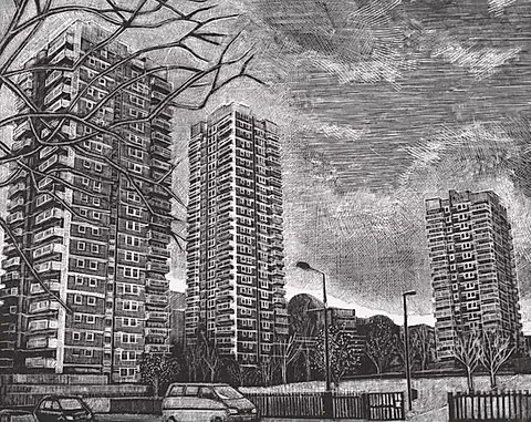 Contemporary UK artist, printmaker Louise Hayward, known for her engravings of post-war London housing estates and architecture of 1960s and 1970s #WomensArt