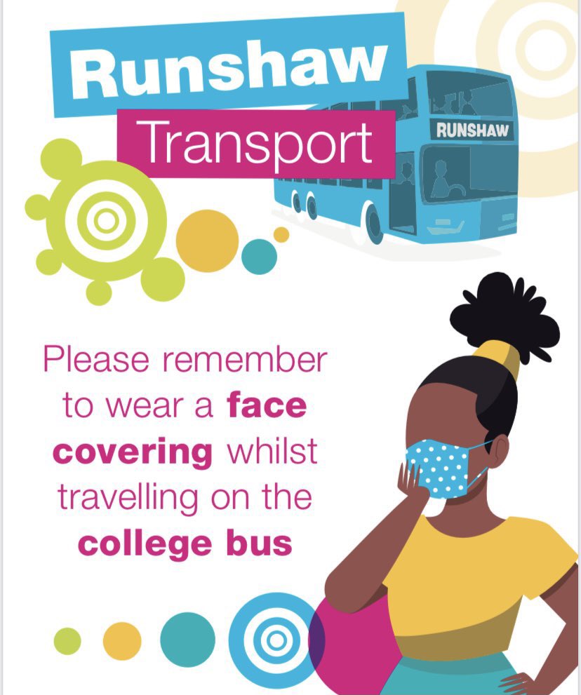 Travel2Runshaw's tweet photo. In line with the new government guidelines, face coverings must now be worn while travelling on our college buses (unless exempt)

Thank you for your cooperation! 🚌 https://t.co/cBlUZitIpW