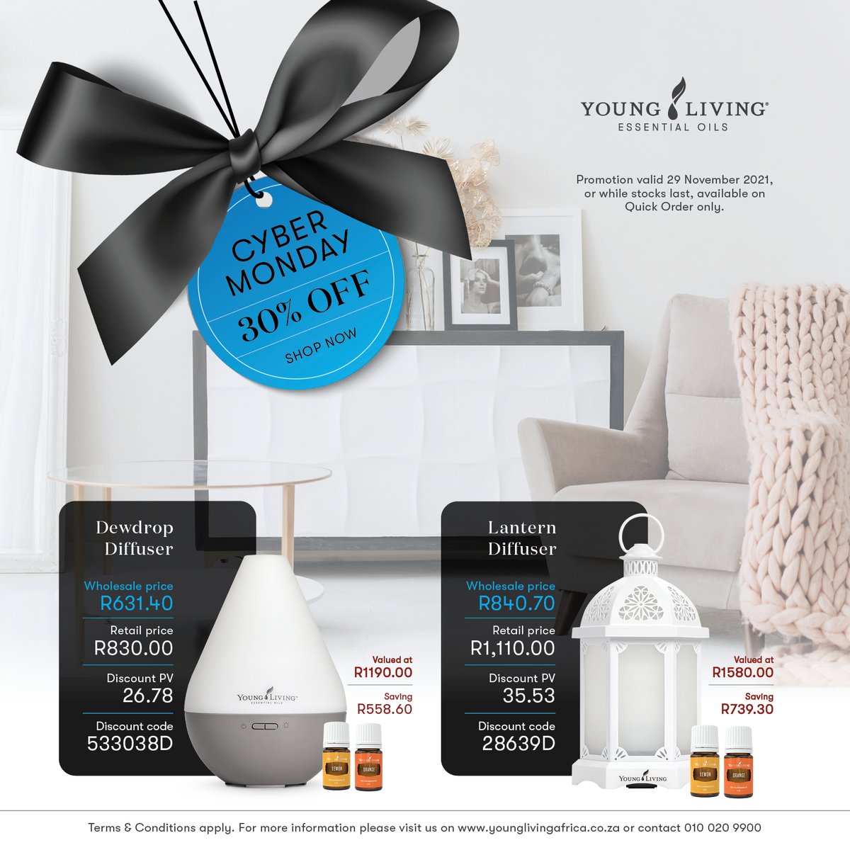 YoungLivingAF's tweet photo. It's #CyberMonday ๐ people don't get caught missing out on our ONE DAY ONLY OFFERS! Available online or at our Experience Centre while stocks last โ T&Cs Apply!๐กโจ#HugeSavings #OneDayOnly #DiffuseAndBloom #YoungLivingAfrica https://t.co/OvStayAGb4