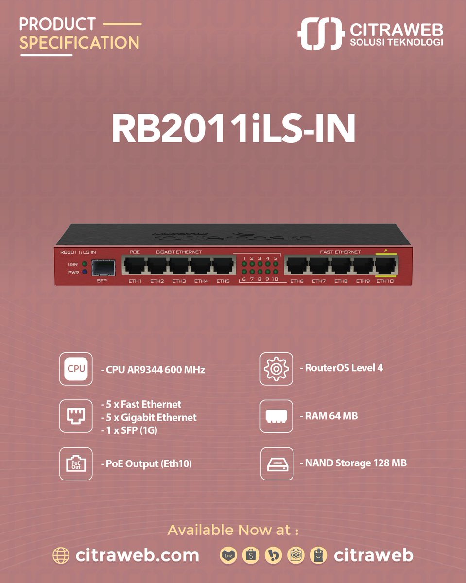 mikrotik_id's tweet image. MikroTik RB2011iLS-IN merupakan perangkat multi port dengan harga yang terjangkau dengan 5x Gigabit Ethernet, 5x Fast Ethernet, 1x SFP Port, RJ45 Serial Port dan 1 USB Port.

Pembelian bisa melalui:
citraweb.com/produk_lihat.p…

#MikroTik #RB2011iLS #HomeRouter #RouterIndoor #Citraweb