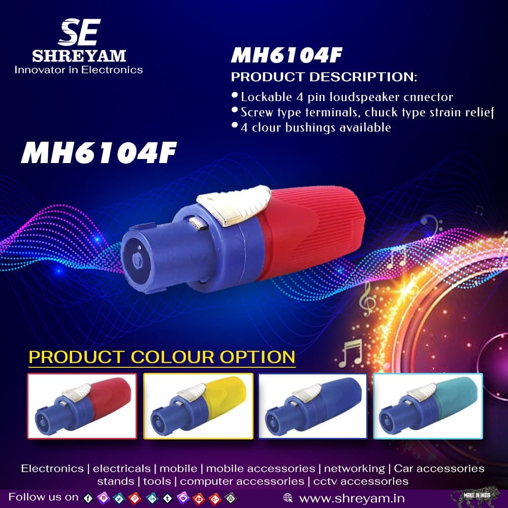 SE_Shreyam's tweet photo. Lockable 4 pin loudspeaker connector
Screw type terminal, chuck type strain relief
Four color bushings are available
. 
. 
. 
. 
. 
#shreyam #shreyamindia #india #electronics #loudspeaker #soundsystem https://t.co/4ZzeJftrsW