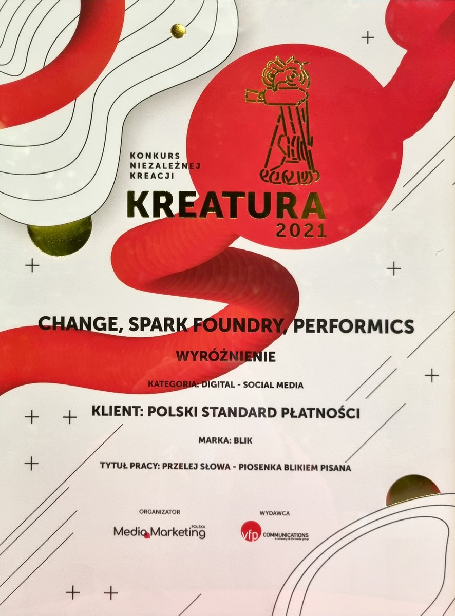 BLIKmobile's tweet photo. W tegorocznym konkursie #Kreatura2021, organizowanym przez @MMPMagazyn, marka #BLIK została wyróżniona za kampanię „Przelej słowa – piosenka pisana #BLIKIEM”. Dziękujemy jury i gratulujemy naszym kreatywnym partnerom #ChangeServiceplan, @SparkFoundryWW i @performics! https://t.co/x3T8XhySu8
